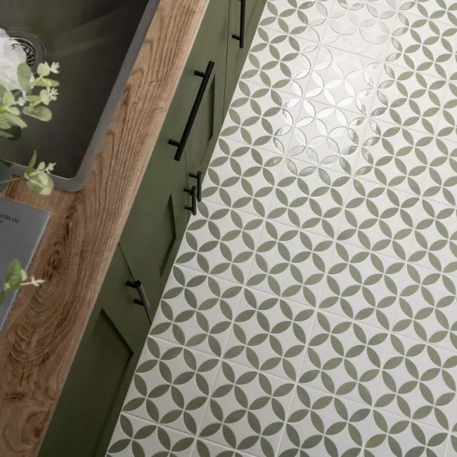 Westminster White and Green Matt Patterned Wall and Floor Tiles