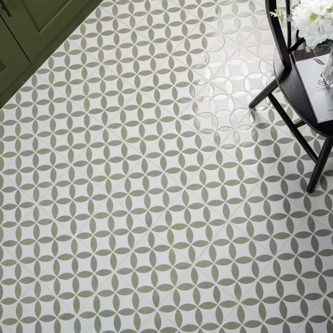 Westminster White and Green Matt Patterned Wall and Floor Tiles