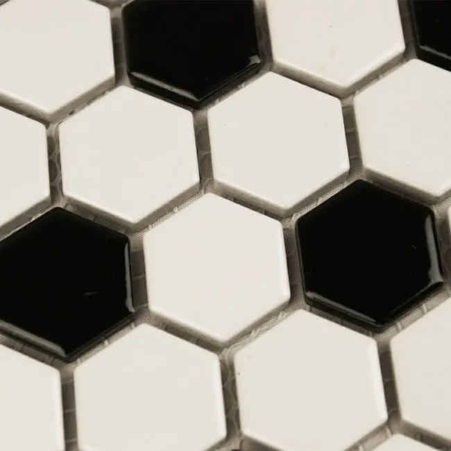 Pixel Chequer Hexagon White & Black Matt Mosaic Tiles