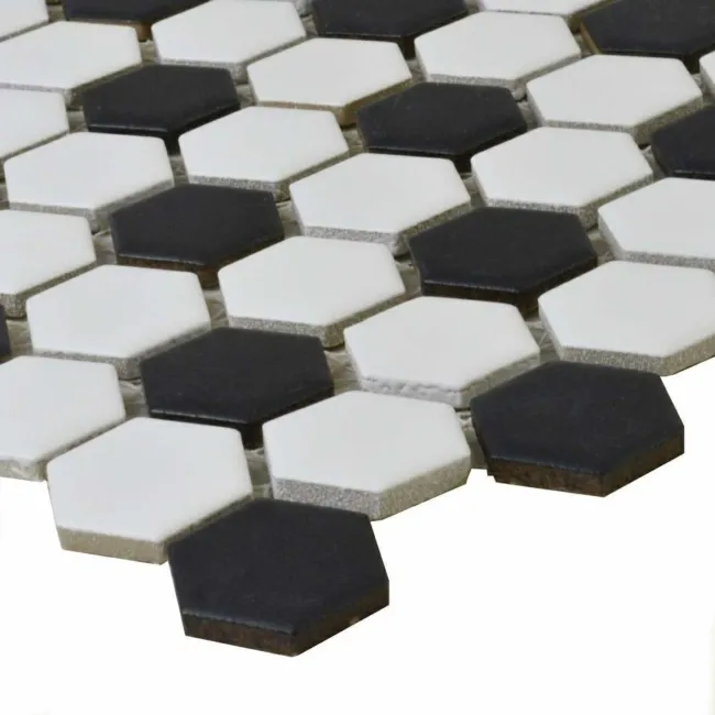 Pixel Chequer Hexagon White & Black Matt Mosaic Tiles