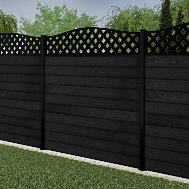 LuxeLine Composite Fence Panel Black 6ft High - Curve Top Lattice Decorative Screen with Aluminium Post