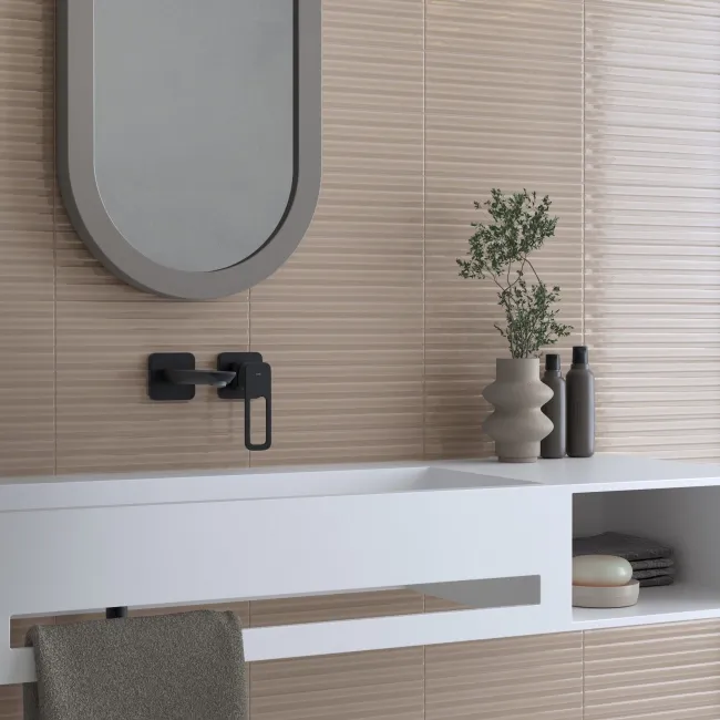 Ribbon Bone Ivory Ridged Effect Ceramic Gloss Wall Tiles