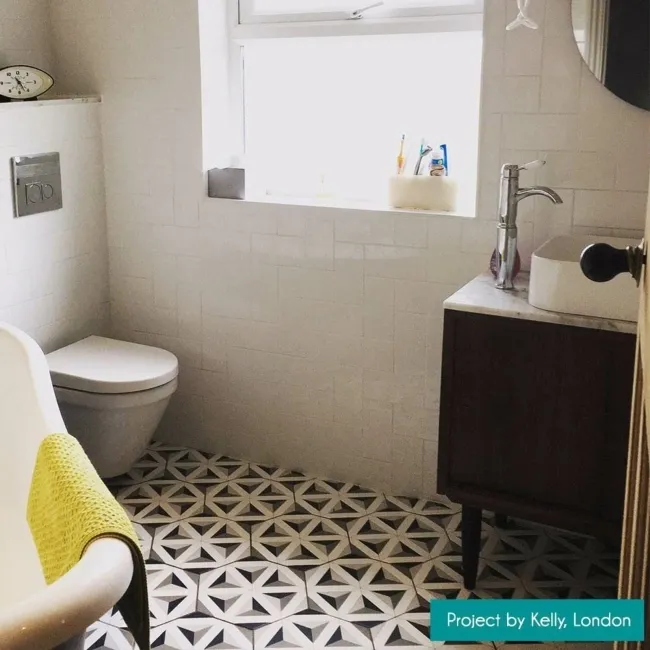 Contour Shadow Black and White Hexagon Patterned Floor Tiles