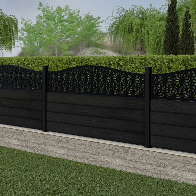 LuxeLine Composite Fence Panel Black 3ft High - Floral Decorative Screen with Aluminium Post