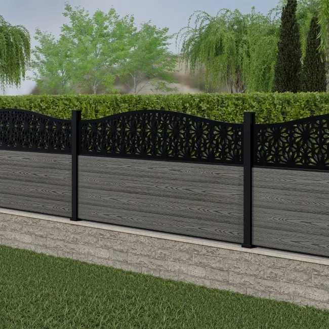 LuxeLine Composite Fence Panel Light Grey 3ft High - Floral Decorative Screen with Aluminium Post