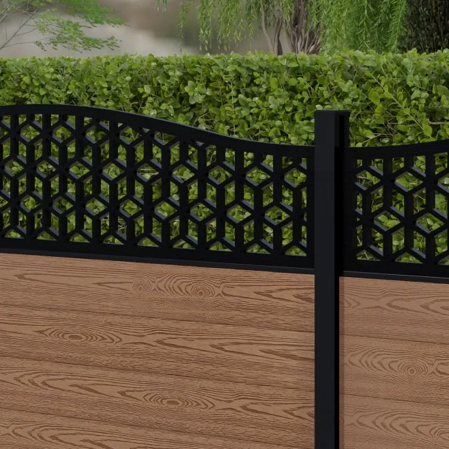LuxeLine Composite Fence Panel Teak 3ft High - Geometric Decorative Screen with Aluminium Post