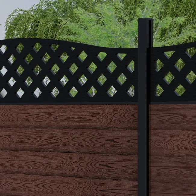 LuxeLine Composite Fence Panel Walnut 6ft High - Curve Top Lattice Decorative Screen with Aluminium Post