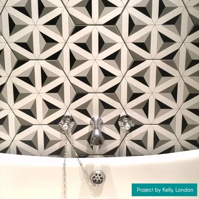 Contour Shadow Black and White Hexagon Patterned Floor Tiles