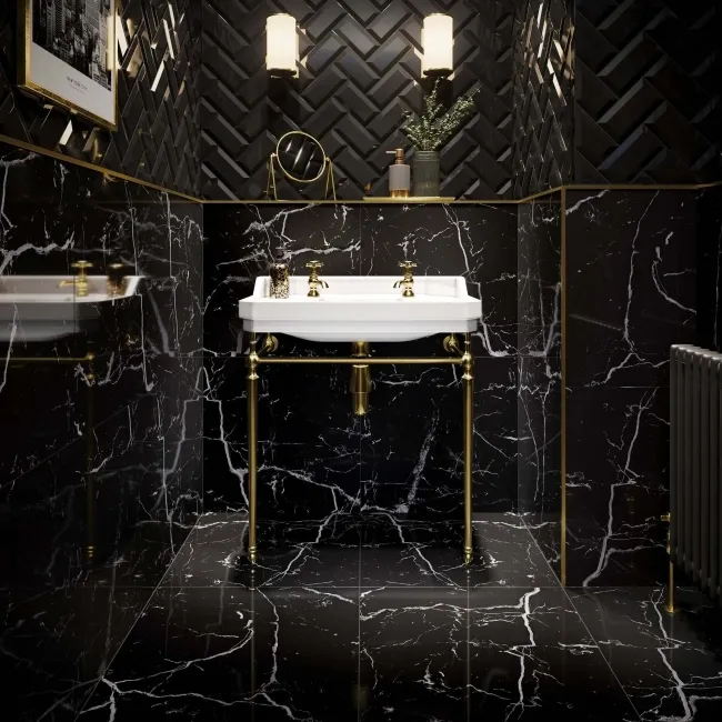 Marquina Black Polished Marble Effect 600x600 Wall and Floor Tiles