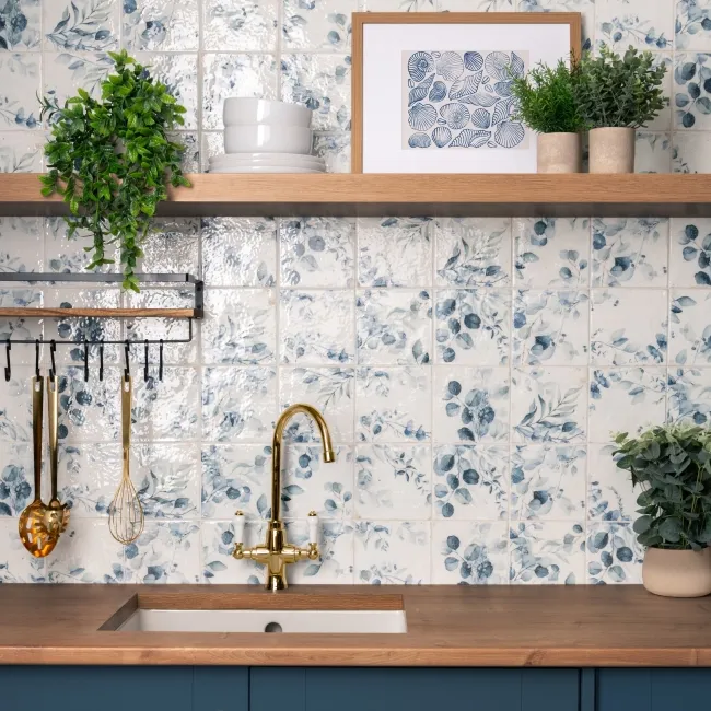 Lucy Blue Floral Gloss Patterned Porcelain Wall Tiles