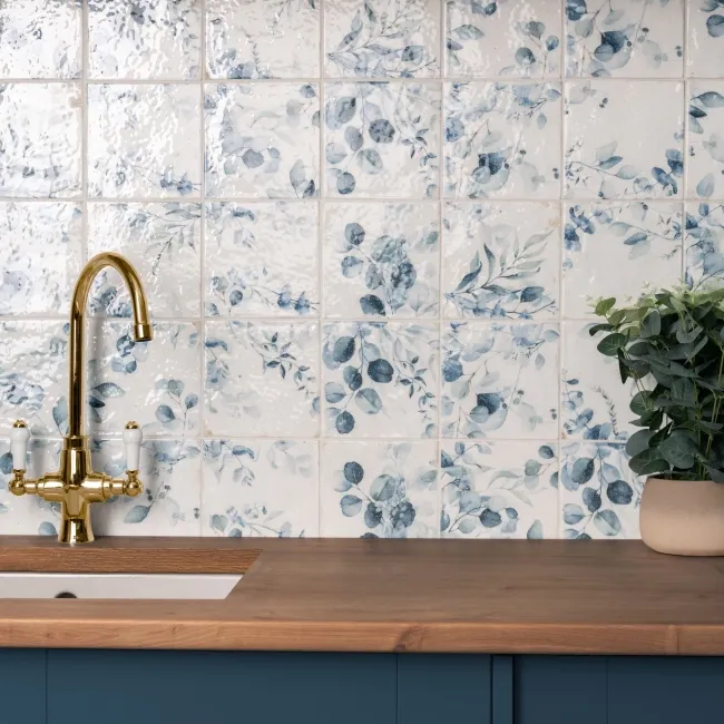 Lucy Blue Floral Gloss Patterned Porcelain Wall Tiles