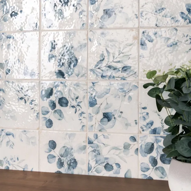 Lucy Blue Floral Gloss Patterned Porcelain Wall Tiles
