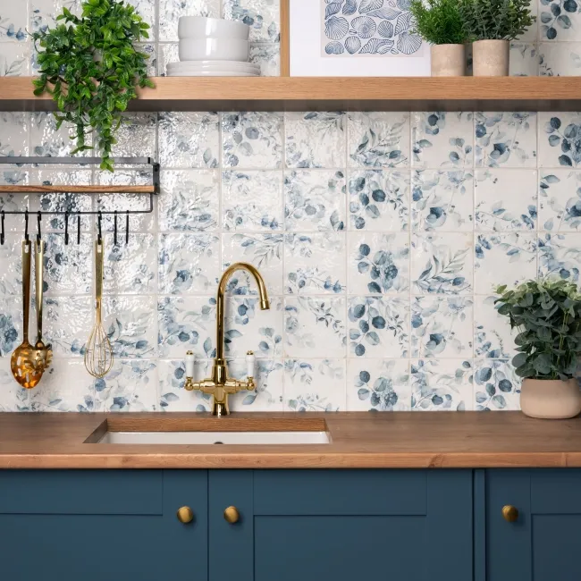 Lucy Blue Floral Gloss Patterned Porcelain Wall Tiles