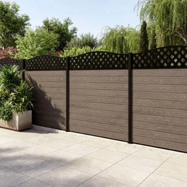 LuxeLine Composite Fence Panel Light Grey 6ft High - Curve Top Lattice Decorative Screen with Aluminium Post