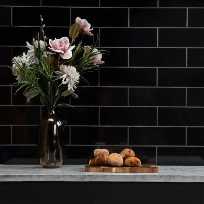 Rhian Gloss Black Brick Tiles