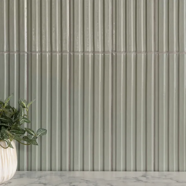 Ribbon Sage Green Ridged Effect Ceramic Gloss Wall Tiles