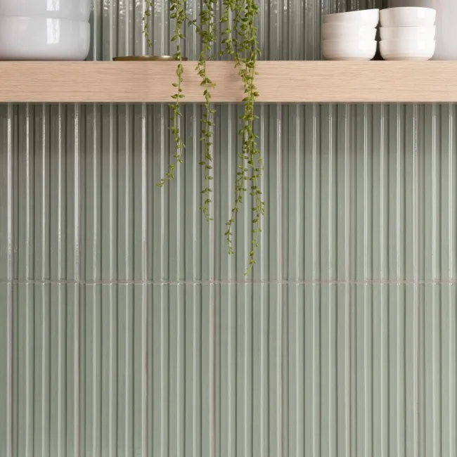 Ribbon Sage Green Ridged Effect Ceramic Gloss Wall Tiles