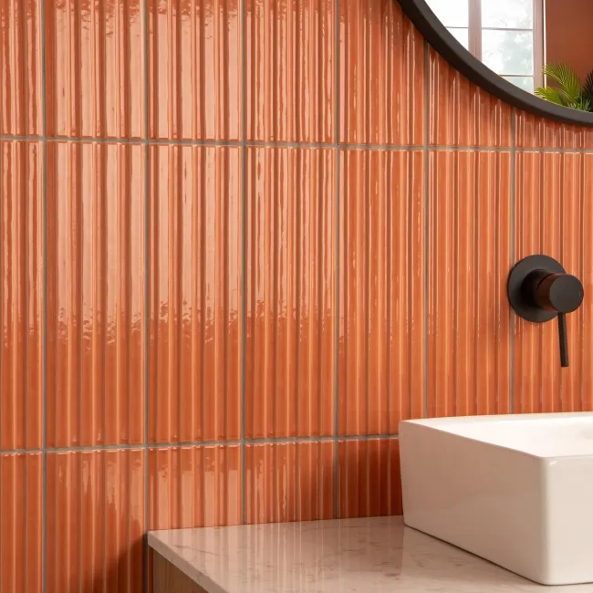 Ribbon Light Terracotta Orange Ridged Effect Ceramic Gloss Wall Tiles