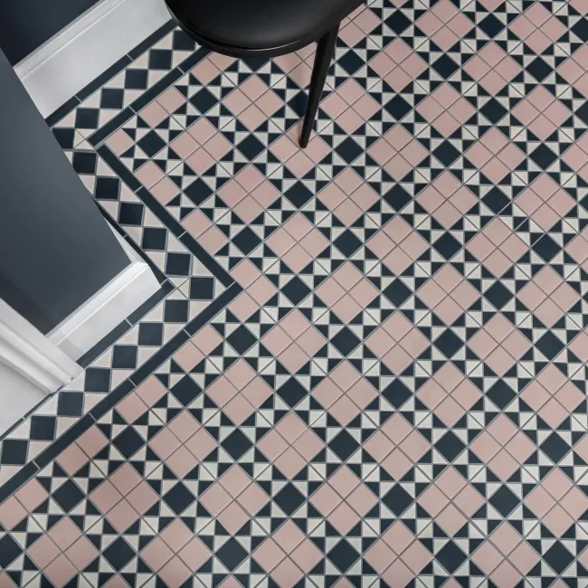 Churchill Navy Blue & Pink Mosaic Victorian Matt Tiles