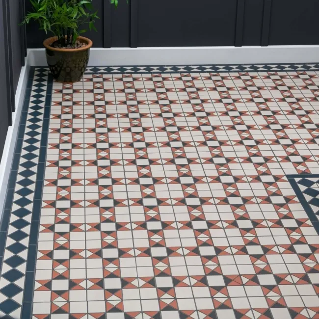 Churchill White & Navy Blue Border Matt Victorian Tiles