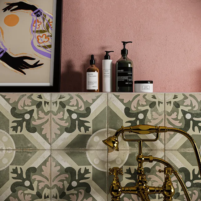 Field Green & Pink Floral Matt Porcelain Wall and Floor Tiles