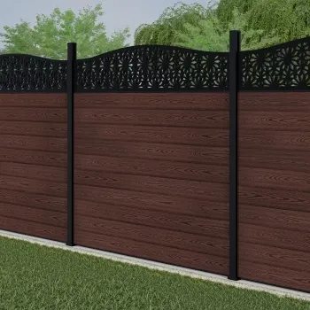 LuxeLine Composite Fence Panel Walnut 6ft High - Floral Decorative Screen with Aluminium Post