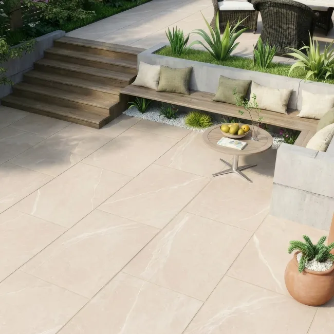 Nuova Beige Stone Effect Matt Porcelain Outdoor Slab Tile