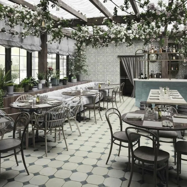 Octagon Effect Marine Blue Matt Vintage Pattern Wall and Floor Tiles