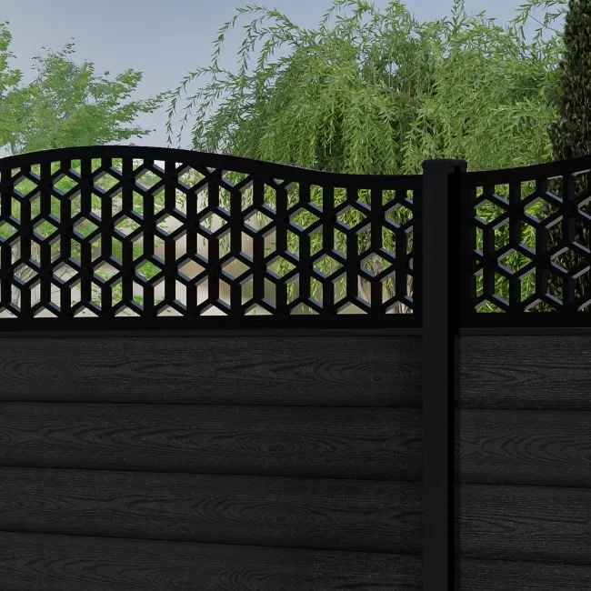 LuxeLine Composite Fence Panel Black 6ft High - Geometric Decorative Screen with Aluminium Post