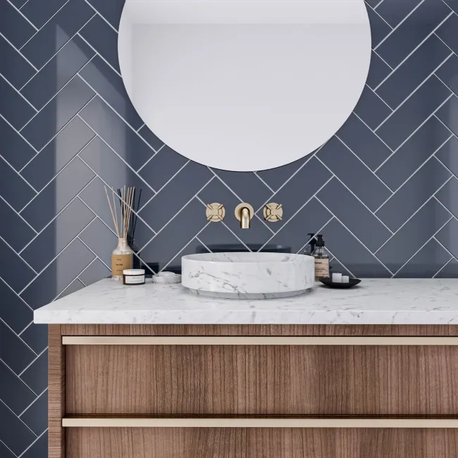 Linear Navy Gloss Brick Shape Wall Tiles 300x100