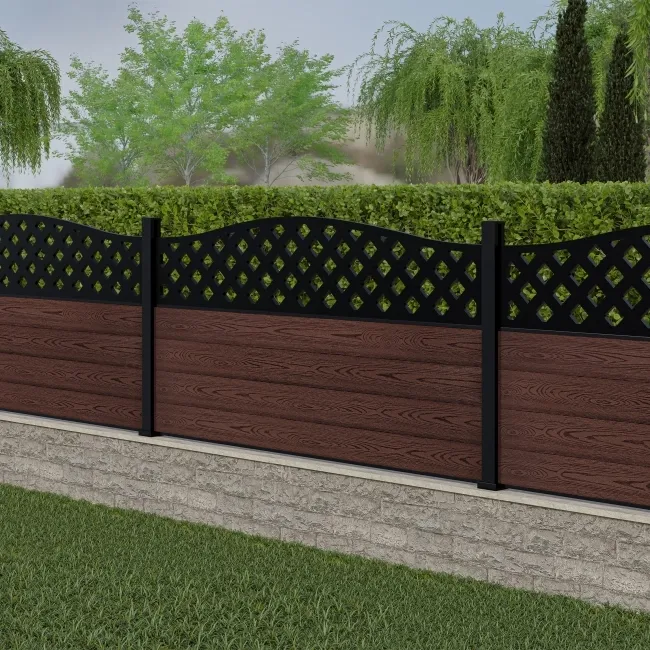 LuxeLine Composite Fence Panel Walnut 3ft High - Curve Top Lattice Decorative Screen with Aluminium Post