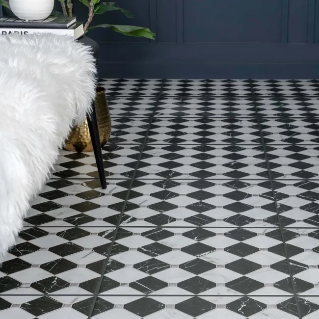 Canterbury Victorian Black & White Matt Marble Patterned Tiles