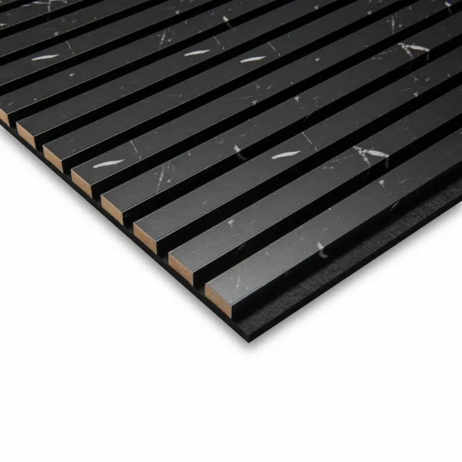 Trepanel Design® Black Marble Effect on Black Felt Acoustic Wood Slat Panels