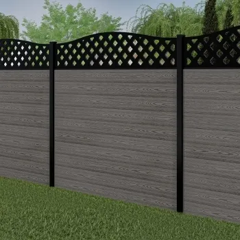 LuxeLine Composite Fence Panel Light Grey 6ft High - Curve Top Lattice Decorative Screen with Buried Aluminium Post