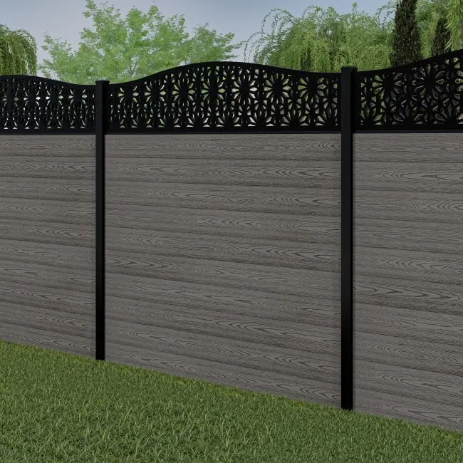 LuxeLine Composite Fence Panel Light Grey 6ft High - Floral Decorative Screen with Buried Aluminium Post