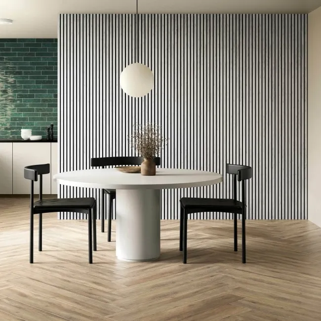 Trepanel Design® White Marble Effect on Black Felt Acoustic Wood Slat Panels
