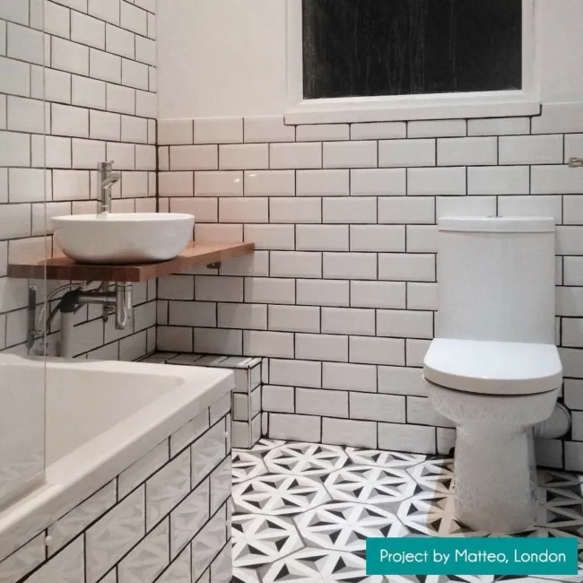 Contour Shadow Black and White Hexagon Patterned Floor Tiles