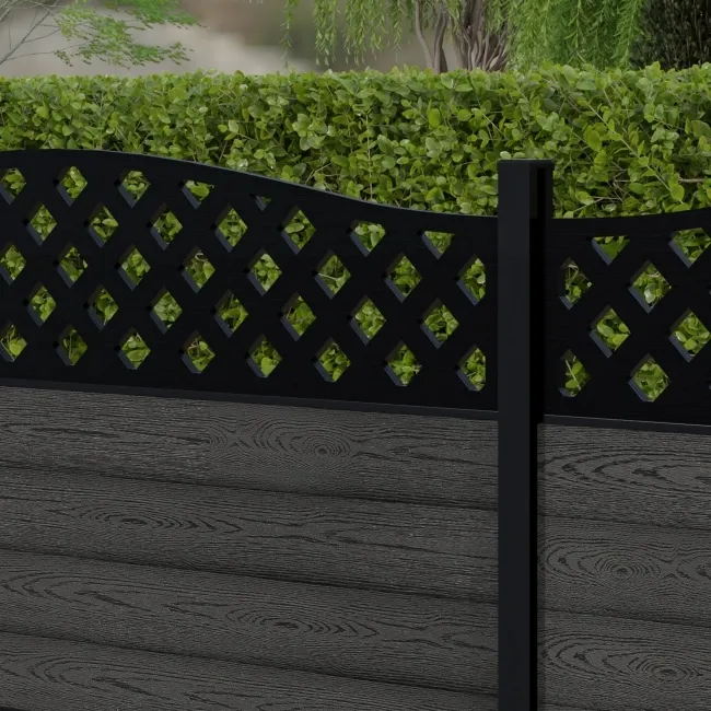 LuxeLine Composite Fence Panel Dark Grey 3ft High - Curve Top Lattice Decorative Screen with Aluminium Post