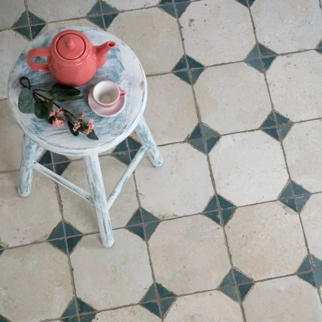 Octagon Effect Marine Blue Matt Vintage Pattern Wall and Floor Tiles
