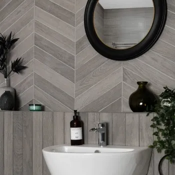 Bonsai Chevron Smoky Grey Wood Effect Porcelain Wall and For Tiles