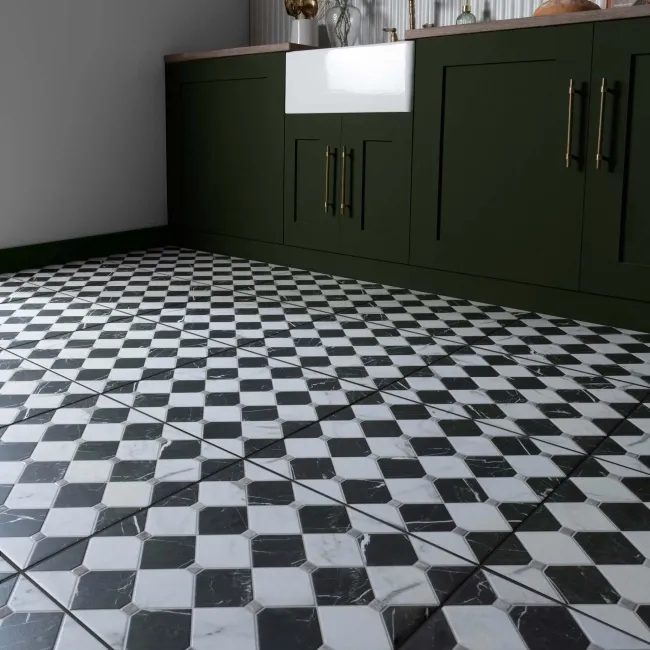 Canterbury Victorian Black & White Matt Marble Patterned Tiles