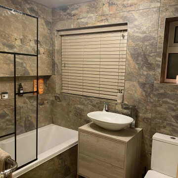 "Love!! Achieved exactly the look we were going for. Such luxe tiles and very happy with them. Cheaper than similar tiles elsewhere too. They do not look as orange as they do on the site, which we were wary of, definitely worth ordering a sample. Makes our bathroom feel like a spa, would definitely order again!"