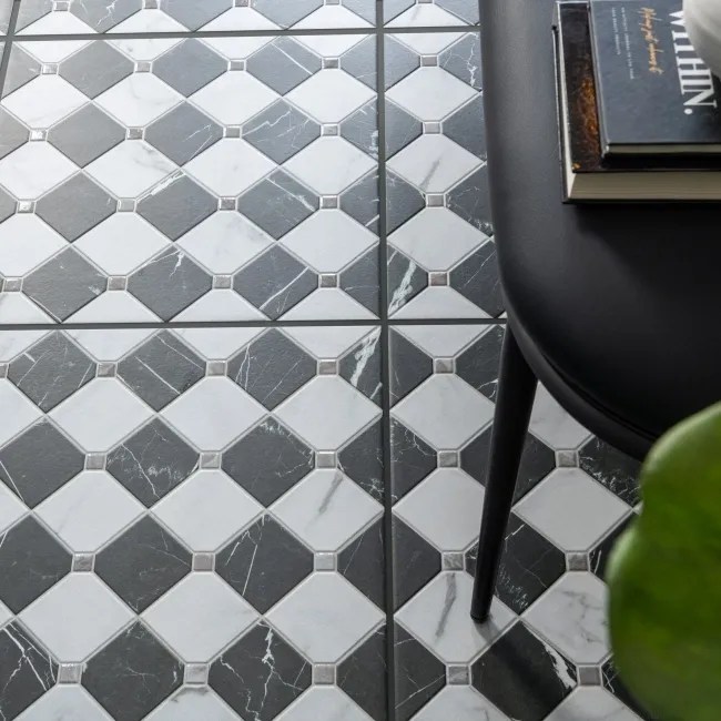 Canterbury Victorian Black & White Matt Marble Patterned Tiles