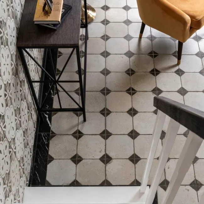 Octagon Effect Charcoal Grey Matt Vintage Pattern Wall and Floor Tiles