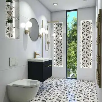 Contour Shadow Black and White Hexagon Patterned Floor Tiles