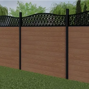 LuxeLine Composite Fence Panel Teak 6ft High - Geometric Decorative Screen with Buried Aluminium Post