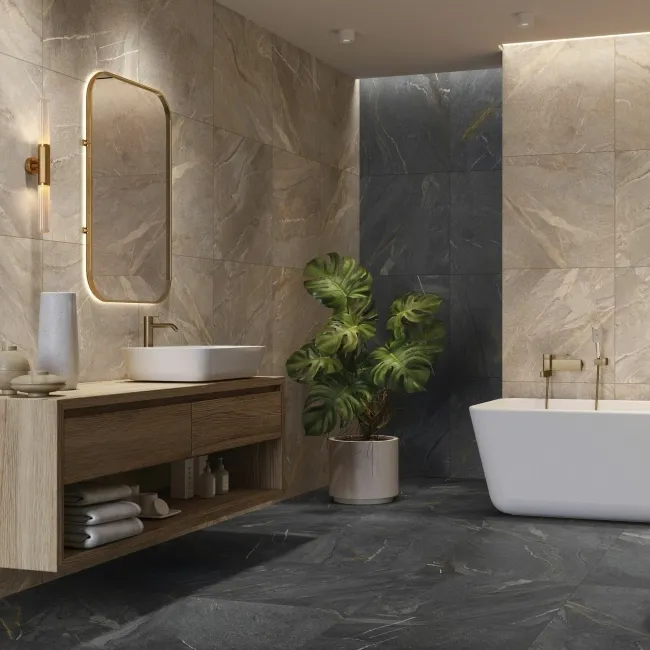 Devoke Dark Grey Matt Stone Effect Wall and Floor Tiles 597x597