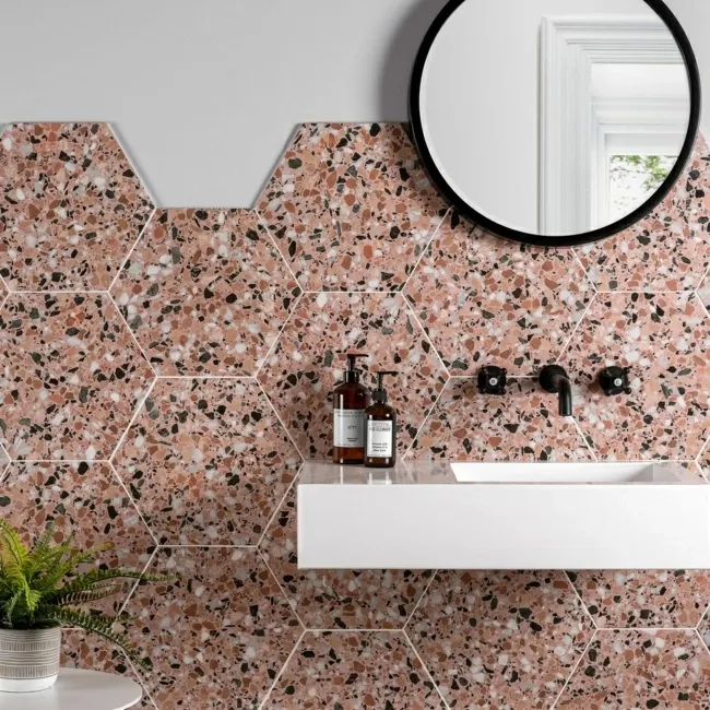 Terrazzo Pink Hexagon Nevada Porcelain Wall and Floor Tiles