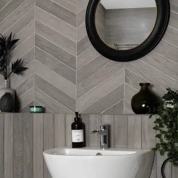 Bonsai Chevron Smoky Grey Wood Effect Porcelain Wall and For Tiles