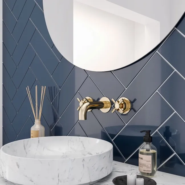 Linear Navy Gloss Brick Shape Wall Tiles 300x100